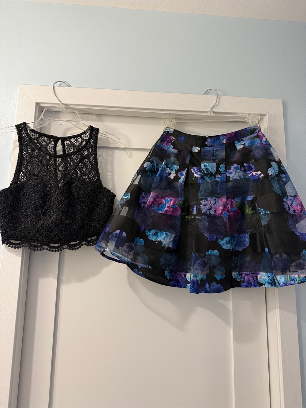 Sequin Hearts Black Floral Circle Skirt with Blue and Purple Accents